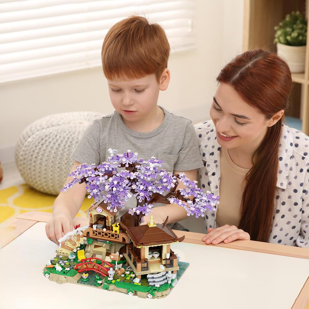 Apawr Cherry Blossom Tree Building Set Flower House Bonsai Architecture Tree Model Sets For Kids, No Compatible With Lego(1388Pi