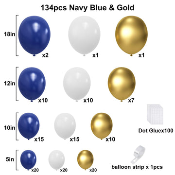 Blue And Gold Balloons Arch Garland Kit, 134Pcs Navy Blue Gold White Balloons With Different Size For Graduation, Birthday, Anni