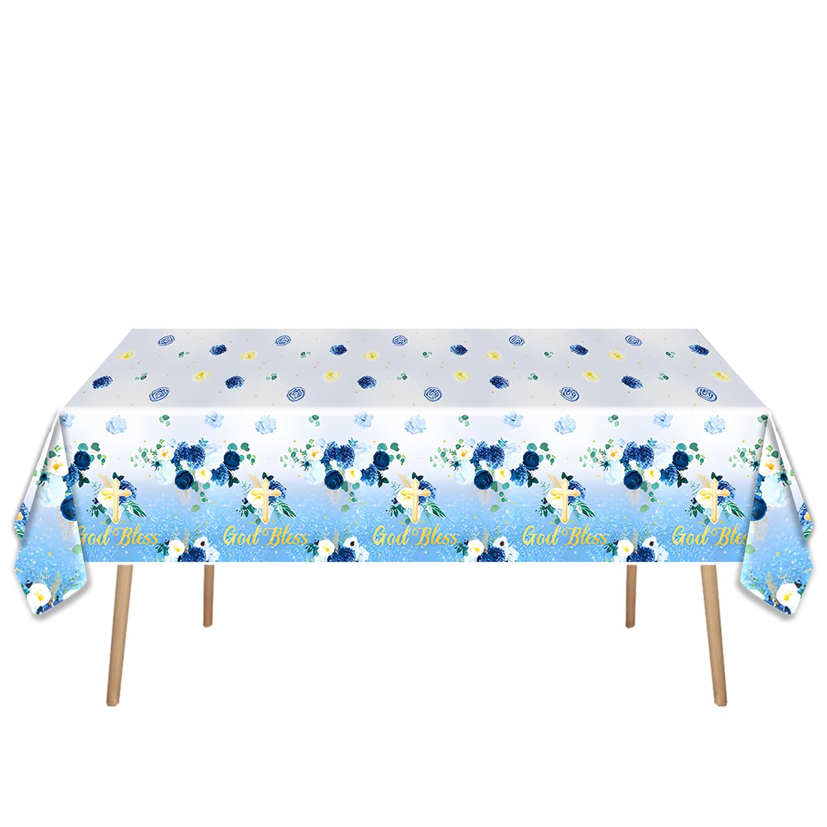 Blue God Bless Tableware Set,First Communion 20 Plates and 20 Napkins and Tablecloth51 x 86,For Newborn Baptism Church Party
