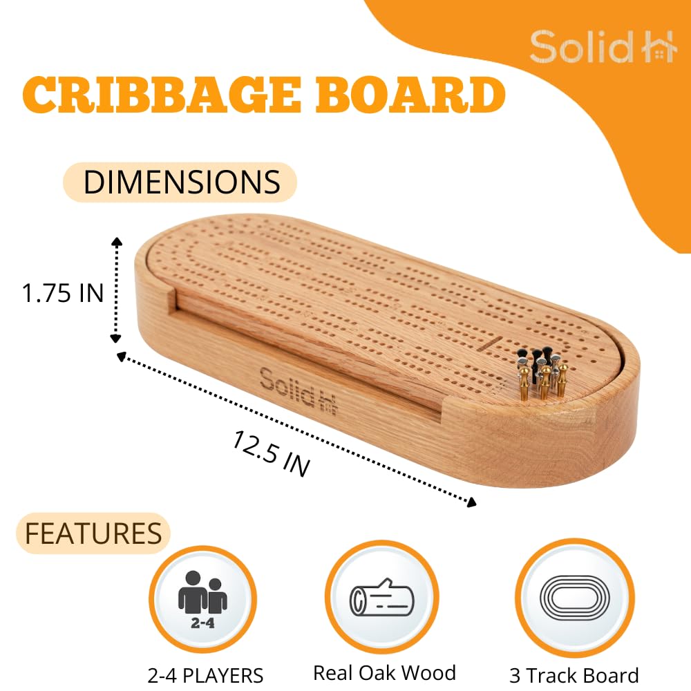 Premium Oak Cribbage Board Game Set -Unique Cribbage Board Includes Playing Cards, Metal Cribbage Pegs, Instructions, & More - B