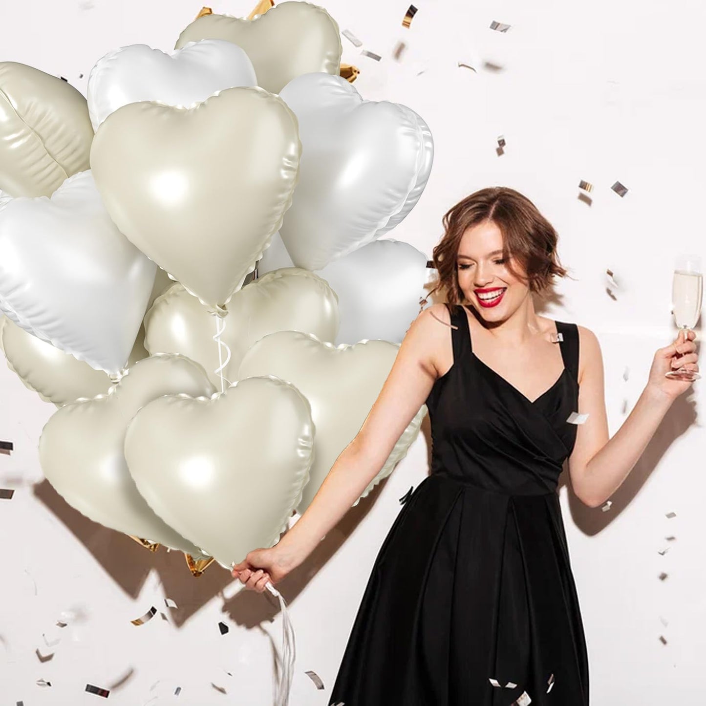 Biapian Cream Heart Balloons, 18 Inch Sand White Heart Shape Balloons Foil, 10 Pcs Beige Heart Balloons And White Foil Balloons
