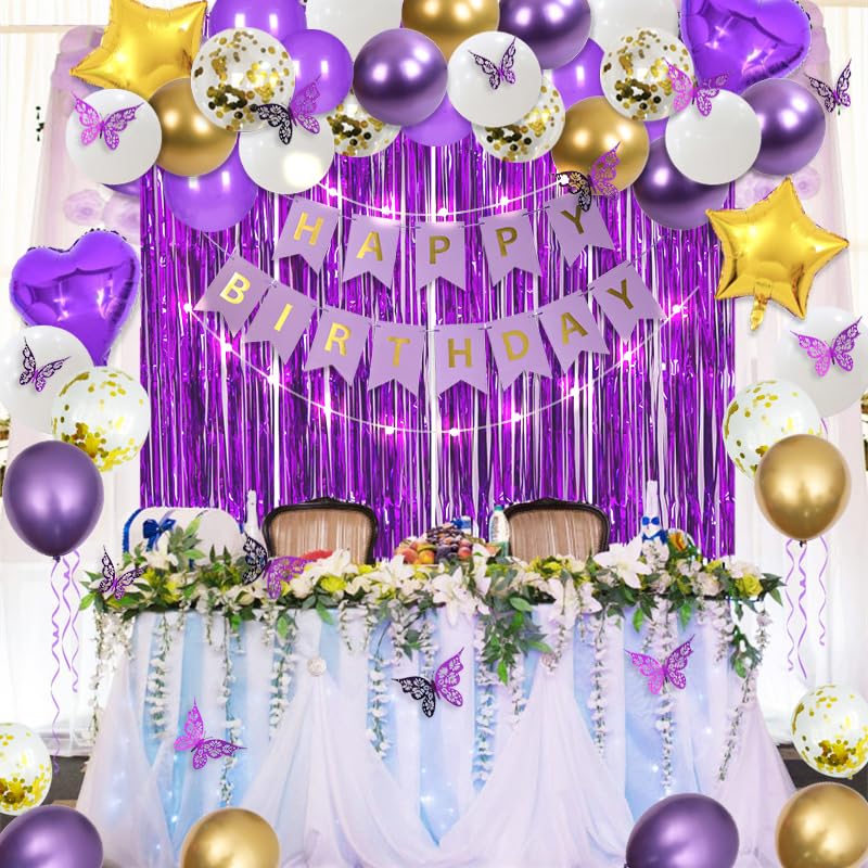 Msmancy Purple Birthday Decorations For Women Girl 65Pcs With Happy Birthday Banner Curtains Butterfly Heart Star Led Light And