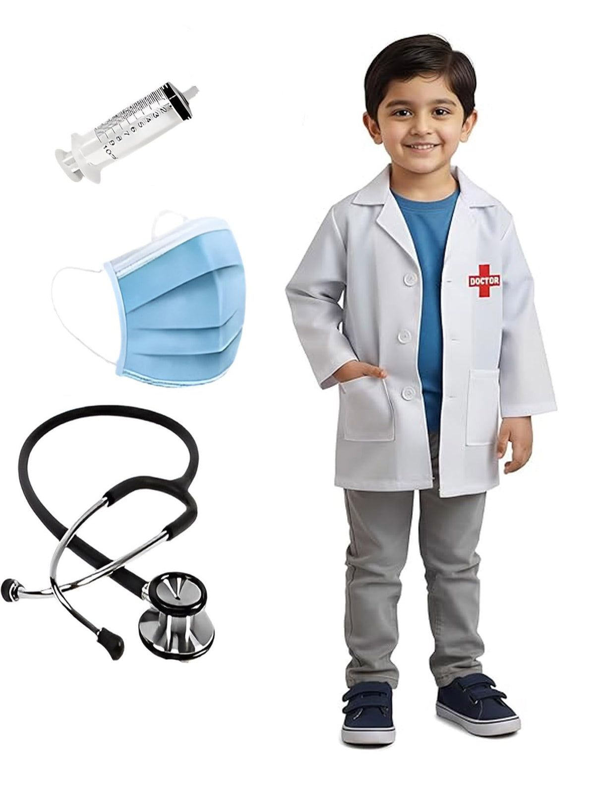 BLUSCAILE Doctor Costume for Kids  Doctor Costume for Kids for Role Play  Including Accesories Stethoscope, Syringe, Mask, Cap