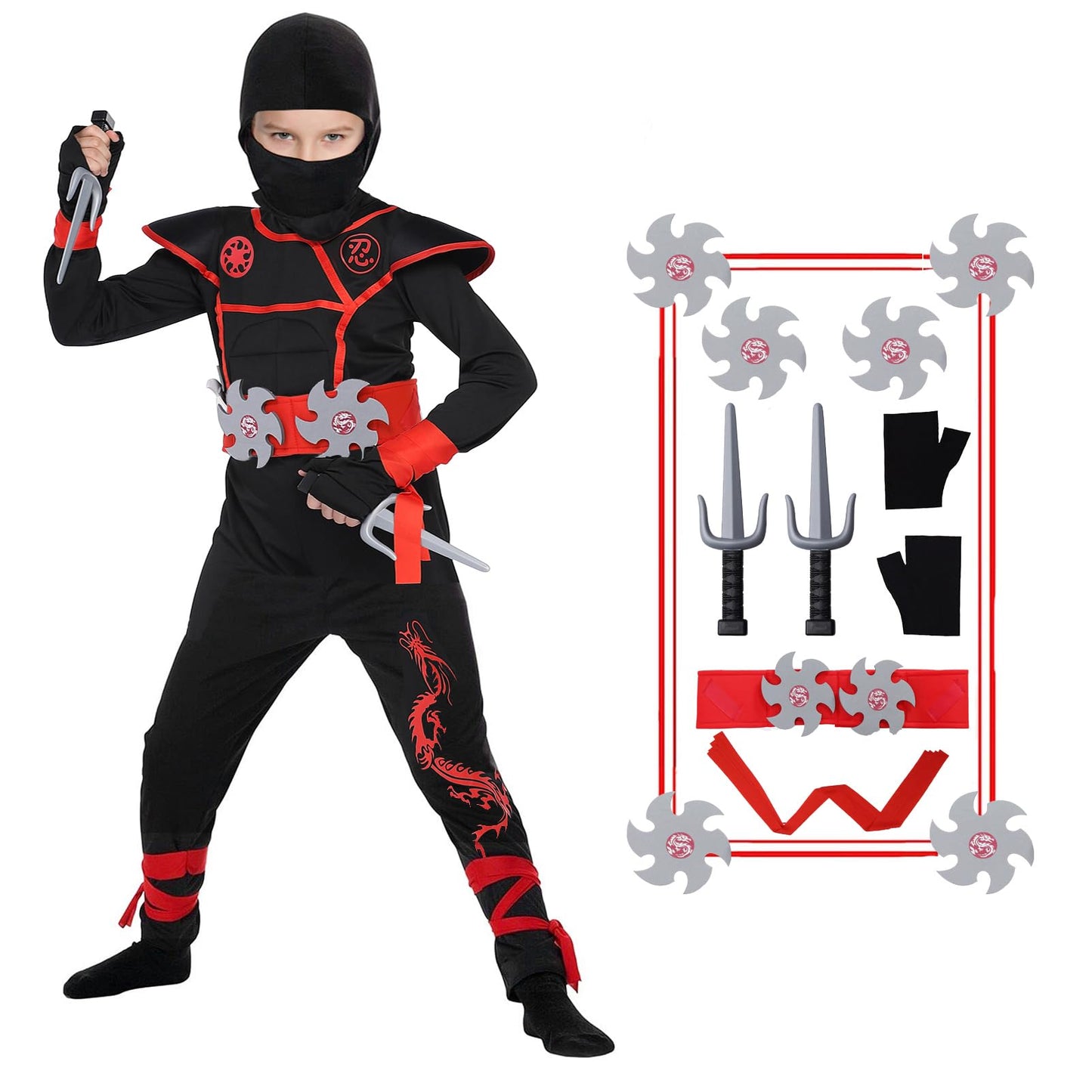 Twister.Ck Ninja Costume For Boys, Deluxe Ninja Costume With Ninja Foam Accessories For Kids Dress Up Party (Xl)