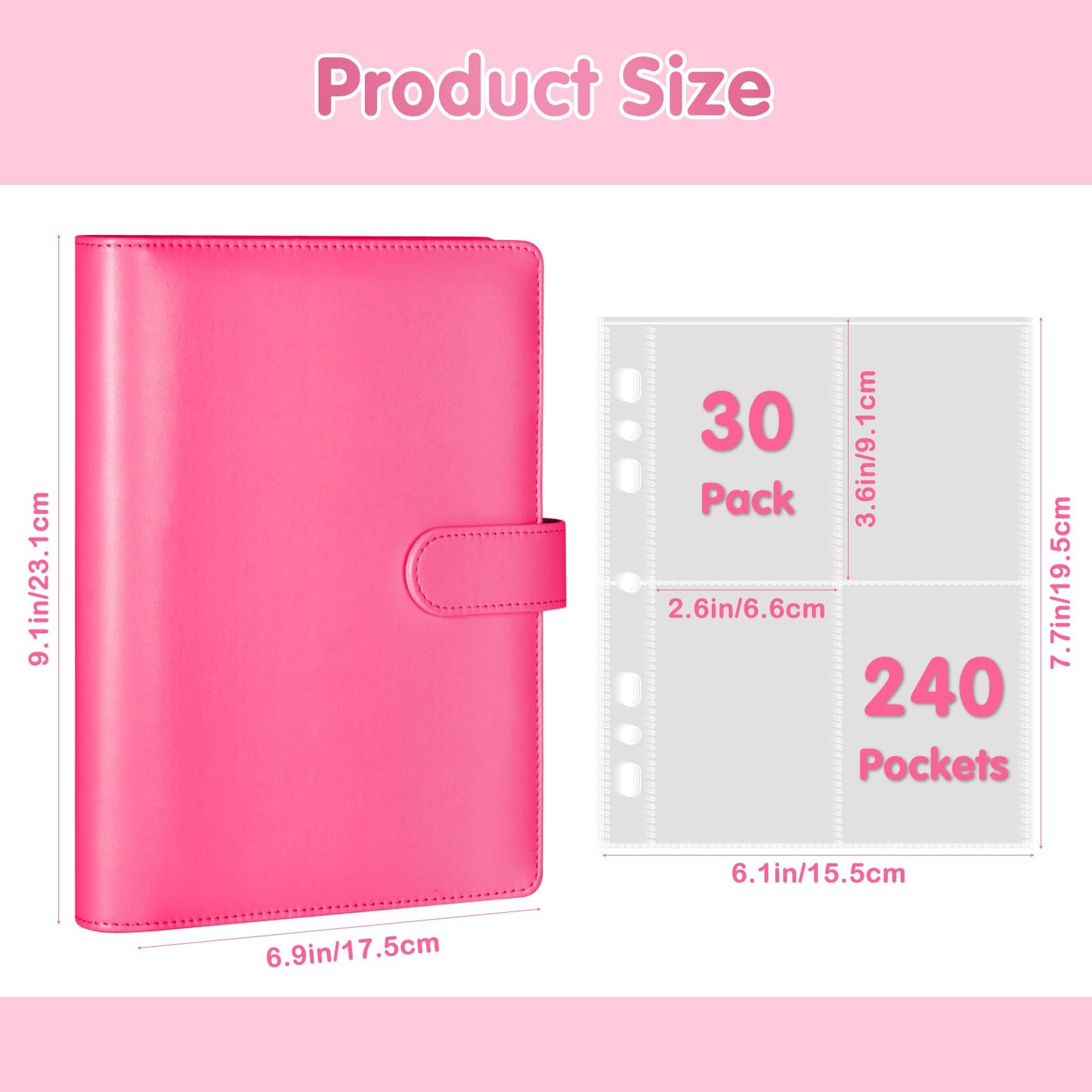 A5 Kpop Photocard Binder  PU Leather 6-Ring Album with Magnetic Closure  Includes 30 Pack 4-Pocket Pages for 240 Cards  Card Holder for Trading and Collectible Cards (Rose)