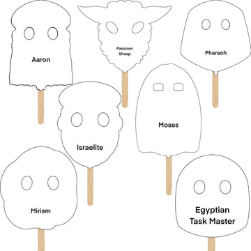 The Dreidel Company Passover Character Masks, Laminated Pesach Stick Puppets For Seder, 7 Masks Per Set (10 Sets)