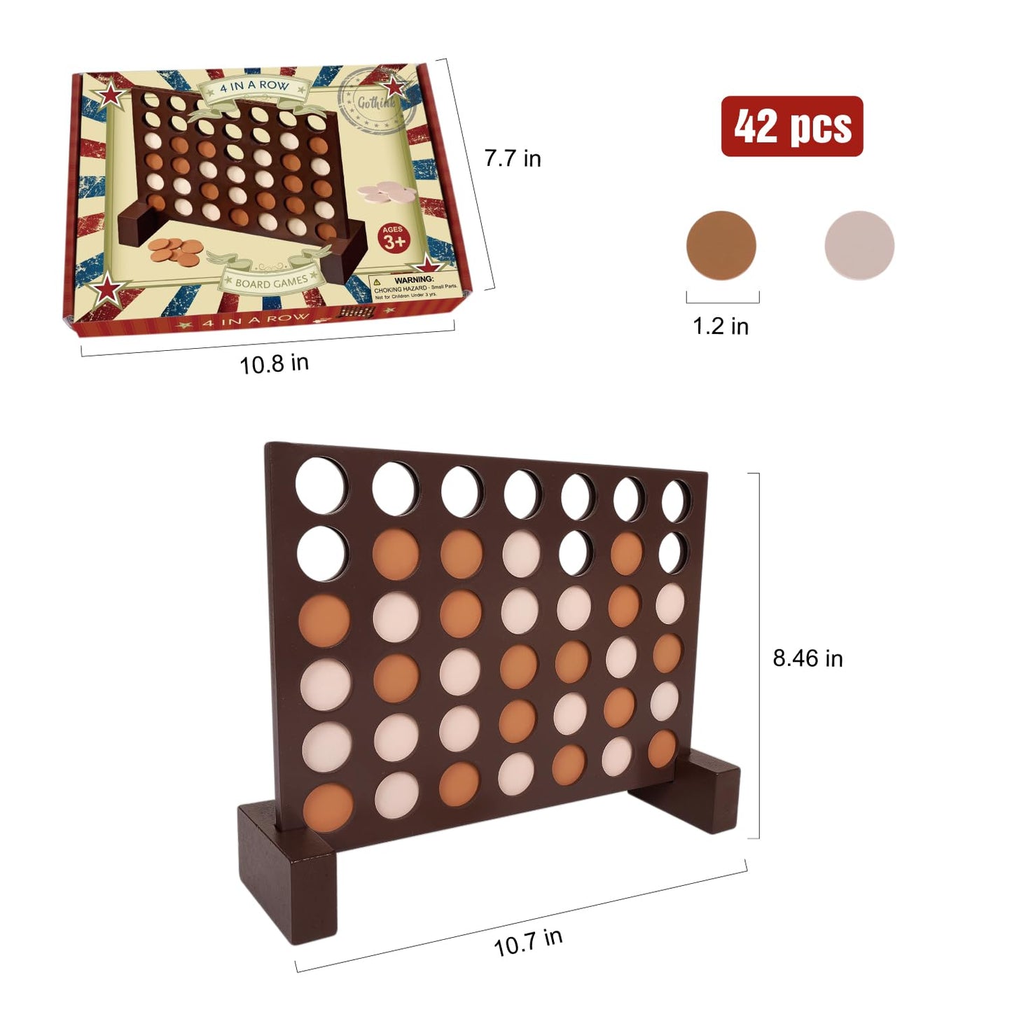 GOTHINK Wooden 4 in a Row Game - Classic Strategy Game for Kids & Adults, Brown, Model ET2247, Perfect for Picnics & Travel