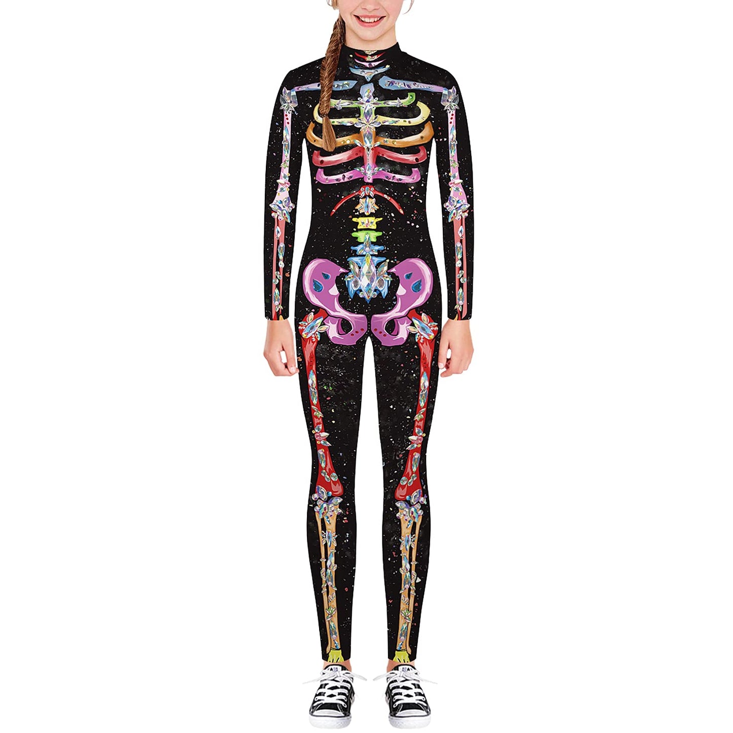 Remimi Boys Girl'S Skeleton Bodysuit Jumpsuit Long Sleeve Zip Back Black Zip Back Kids Halloween Costumes Multicolored Xl
