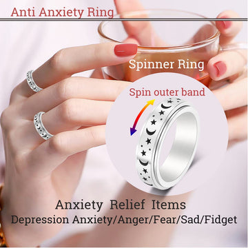 Amorartsky Spinner Ring For Anxiety Relief Fidget: Anxiety Ring For Women Men, Titanium Stainless Steel Spinner Ring, 5 Colors, 6Mm, Size 10, Moon Star Fidget Ring-Silver