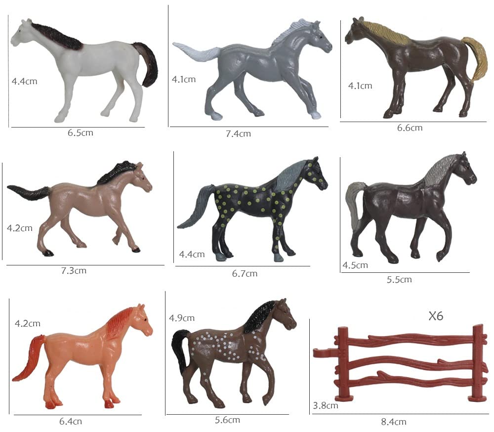 Ai-Fun 8Pcs Plastic Tiny Horses Figure Toy With 6 Corral Fence Kids Toddlers Animal Party Favors Educational Toy Playset