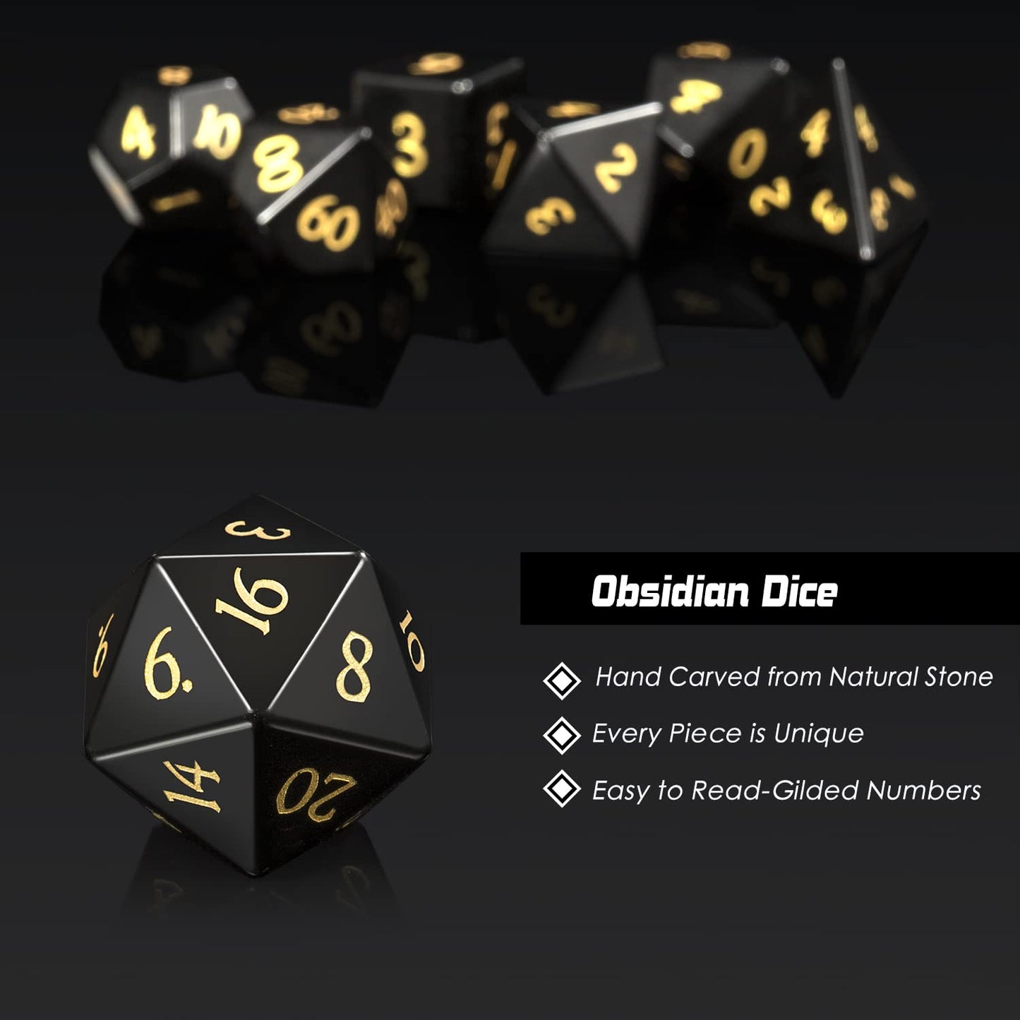 Obsidian Dice D&D,Dndnd Full Set Gemstone Dice Set With Grogeous Gift Case For Dungeons And Dragon And Tabletop Game (Obsidian)