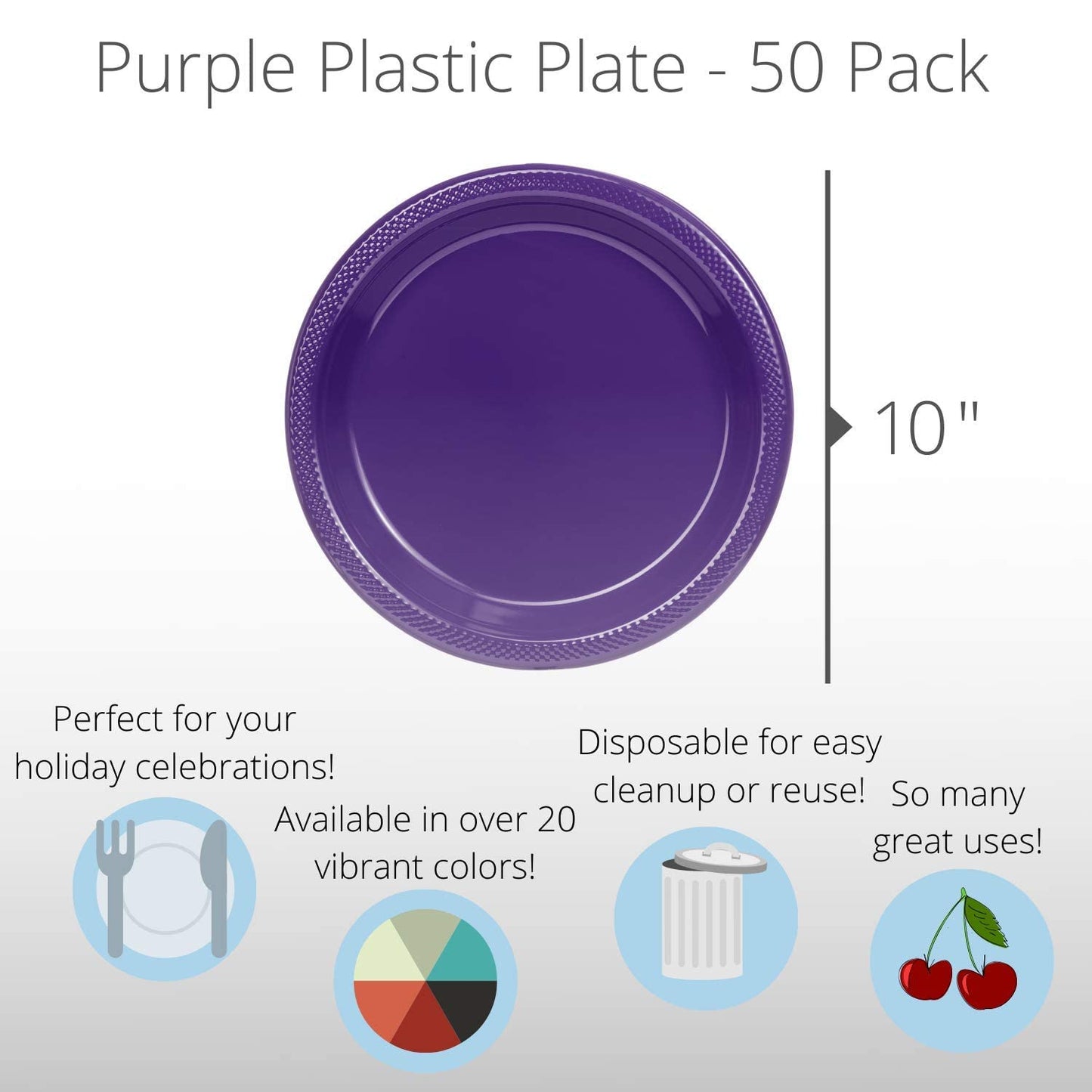 Exquisite 10 Inch. Purple Plastic Plates - 50 Count - Round Solid Color Disposable Plates -PurpleDinner Party Plates For All Occ