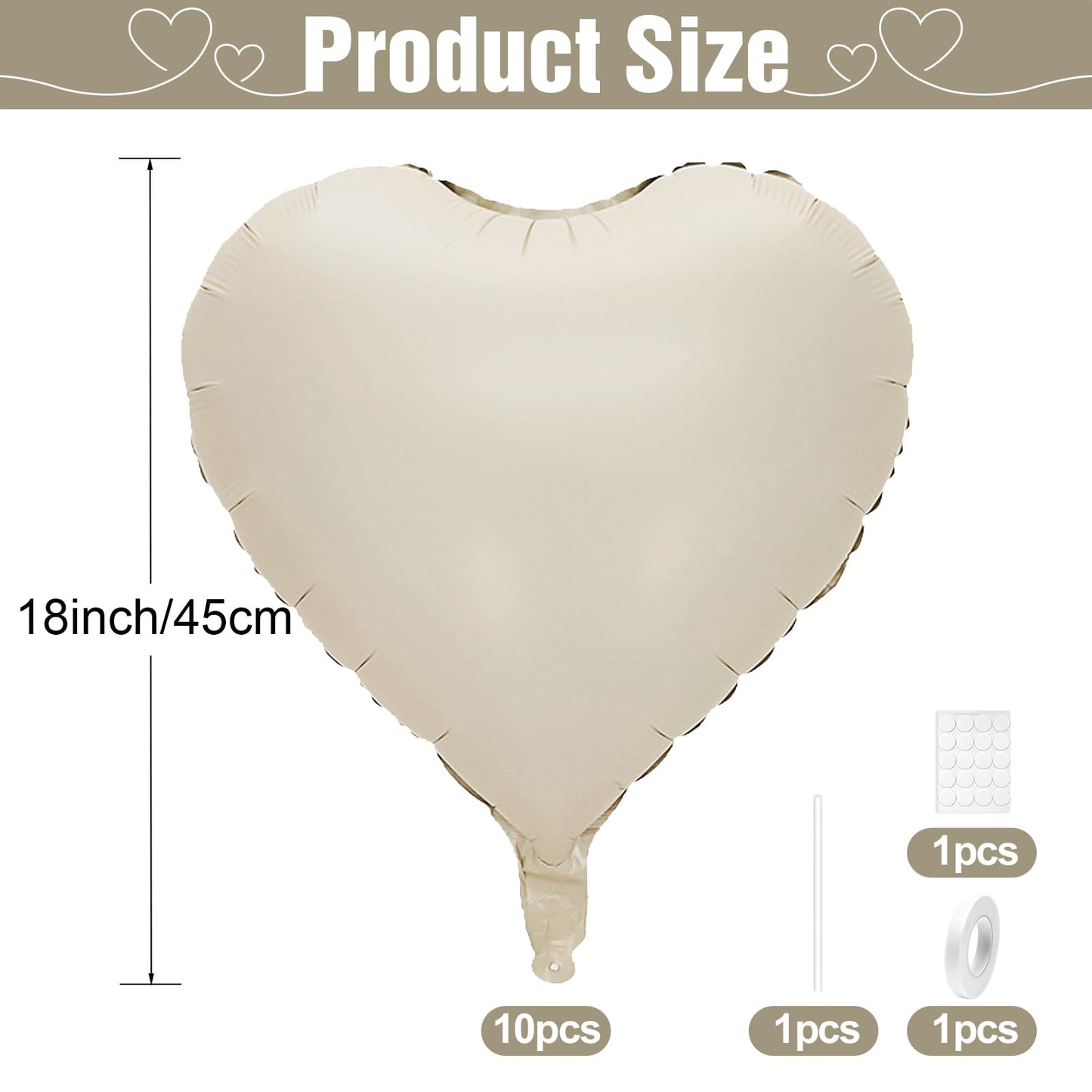 Gresatek White Heart Balloons,10Pcs Cream White Foil Heart Shaped Balloons,18Inch Beige Helium Mylar Balloons For Valentines,Eng