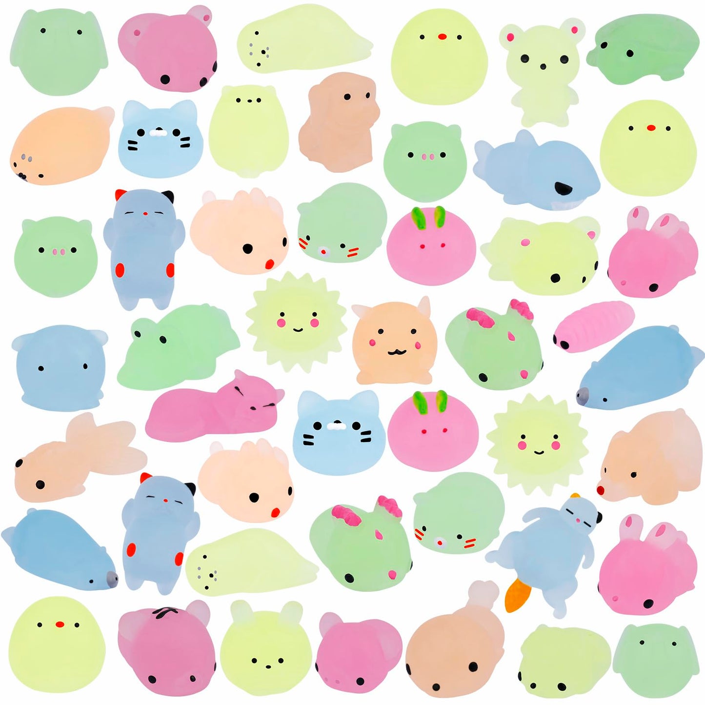Outee 50 Pcs Mochi Toys Mini Mochi Animals Toys Glow In The Dark Toys Stress Relief Toys Bulk Mochi Cat Random Halloween Kids Party Favors For Goodie Bag