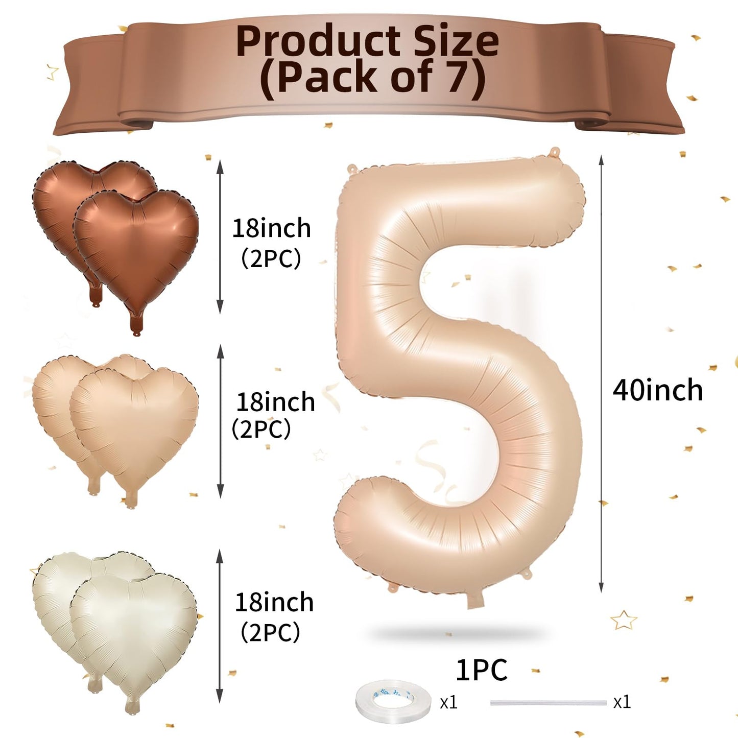 Biapian 40 Inch Light Brown Number 5 Balloons, Apricot Large Number 5 Balloon With 18'' Retro Foil Heart Balloons Helium For Neu