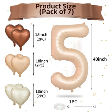 Biapian 40 Inch Light Brown Number 5 Balloons, Apricot Large Number 5 Balloon With 18'' Retro Foil Heart Balloons Helium For Neu