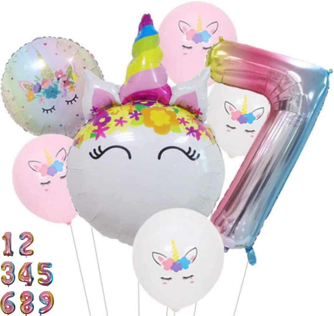 Diwuli Unicorn Birthday Decorations For Girls Set - Number 7 Balloon Pink Gradient, Unicorn Balloons, Unicorn Party Decorations,