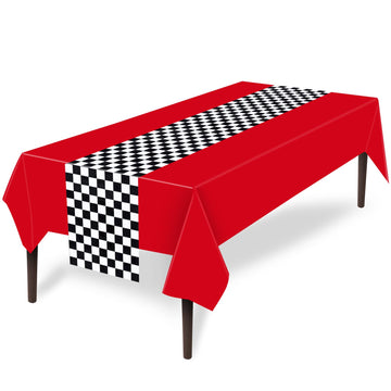 Tallew Checkered Disposable Tablecloths - 2 Pcs Black & White Race Table Covers for Racing Birthday Party Decor - Red