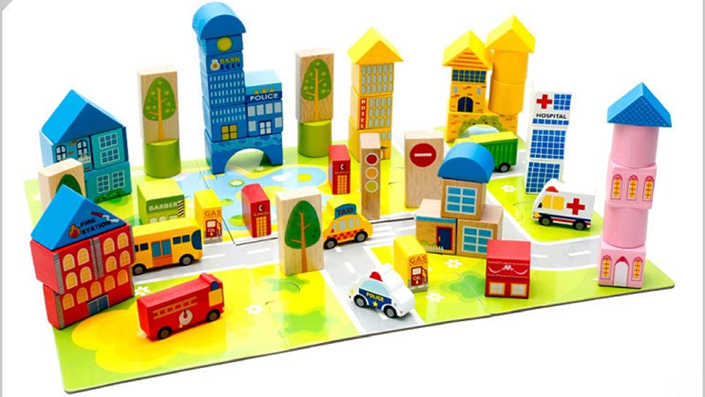 Folca Multi Colored City Building Block Wooden Toy (62 Pcs Block)