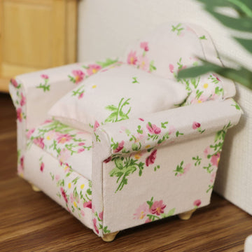 Dollhouse Couch With Pillow 1 12 Scale Miniature Sofa Arm Chair Living Room Furniture Wooden Fabric Frame Single Reading Chair Artificial House Room Scene Decoration (Pink)