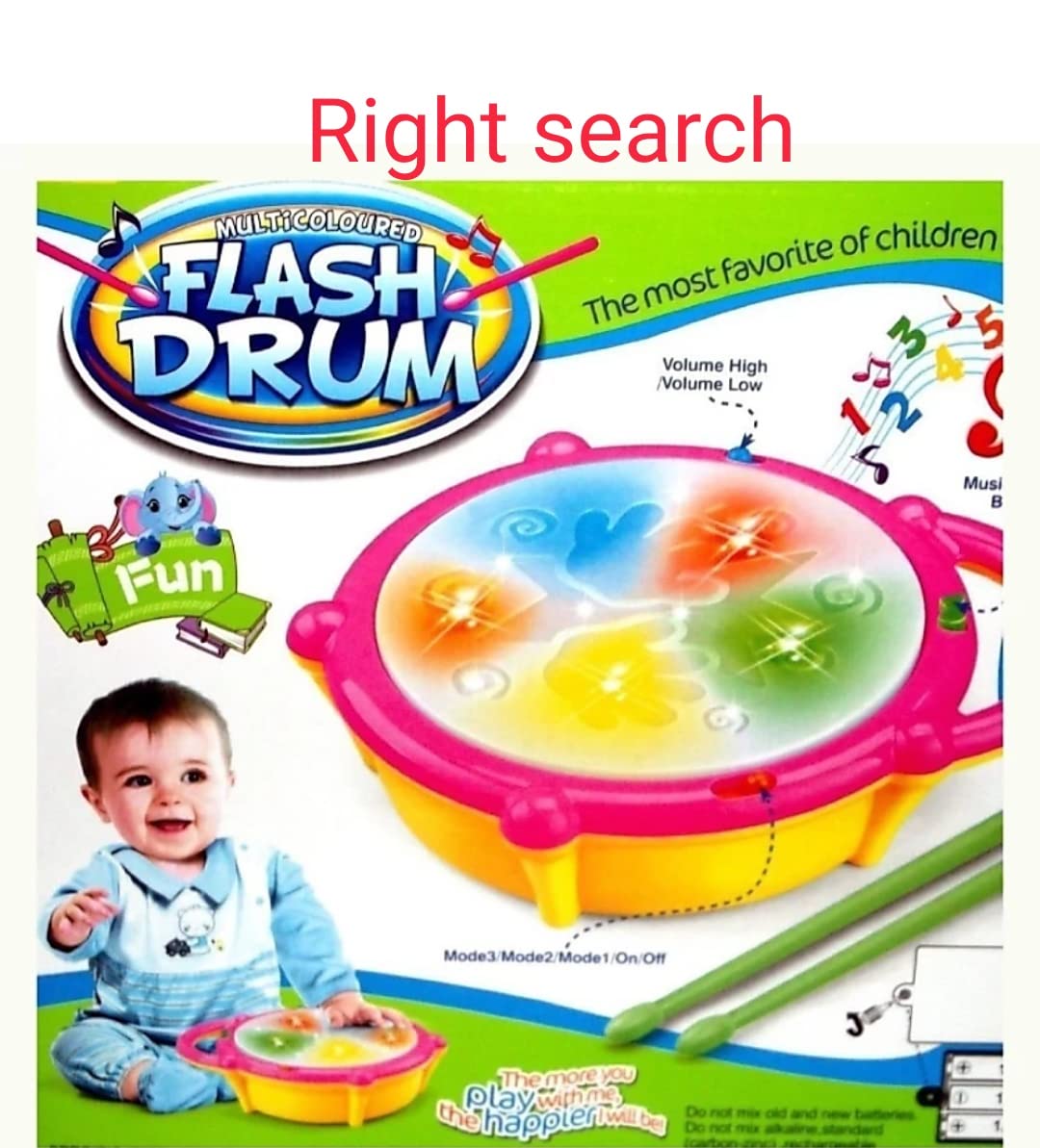 Right Search Plastic Flash Drum With 3D Lights And Musical Toys , Multicolour