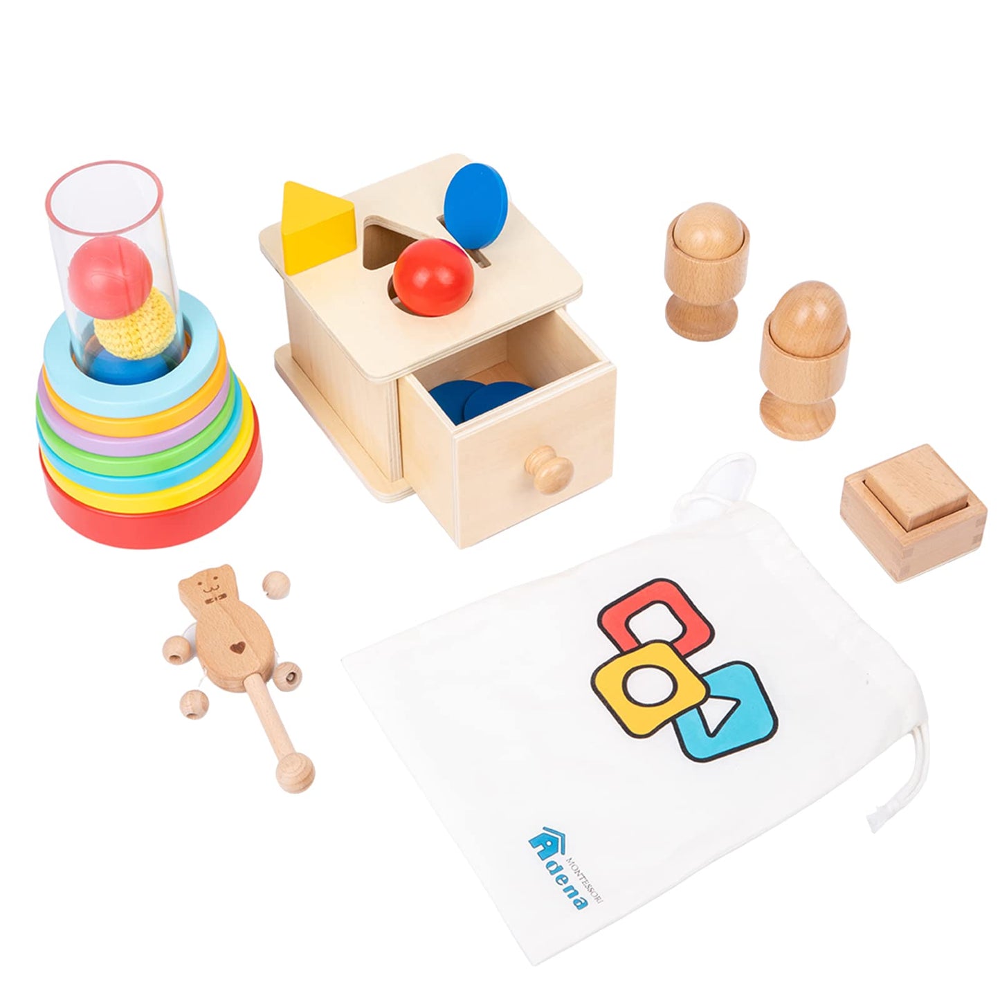 Adena Montessori Play Kit For 9-10 Months Baby,7 In 1 Learning Educational Toys For Toddler,Include Clear Tube With Stacking Rin