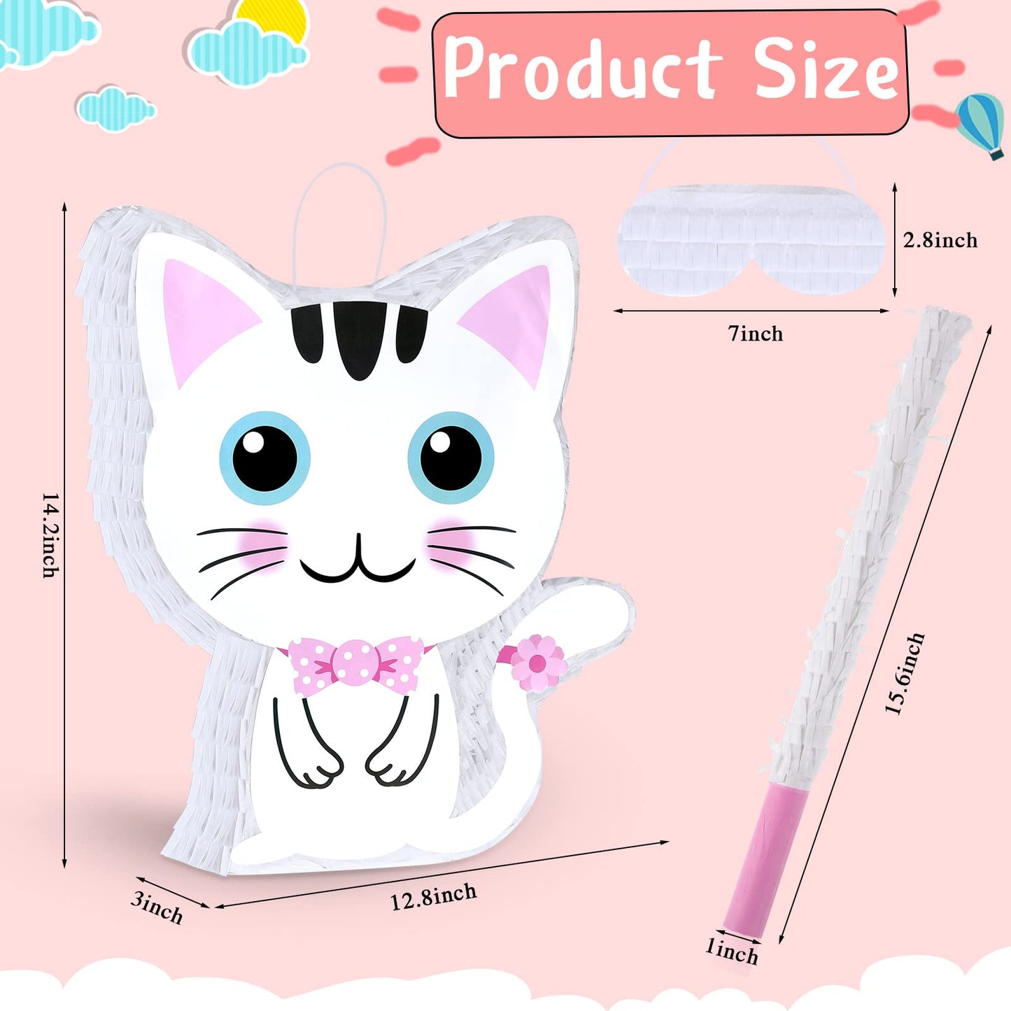Aoriher Cat Piata Cat Birthday Party Supplies Kitty Cat Piatas with Blindfold and Bat Pink and White for Cat Party Favor Birthda