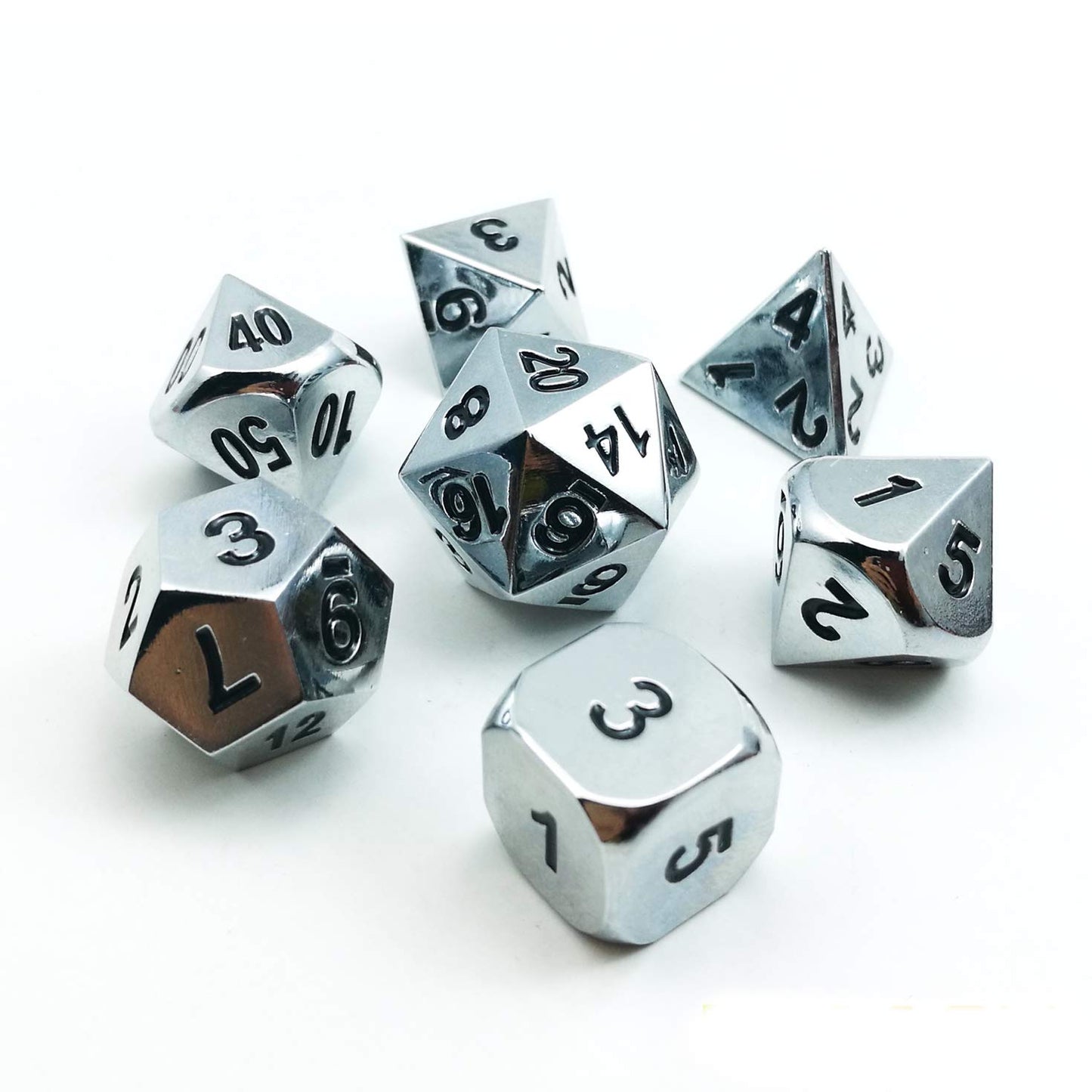 Bescon Super Shiny Gloss Silver Metal 7Pcs Polyhedral Dice Set, Chrome Metal Rpg Game Dice 7Pcs Set