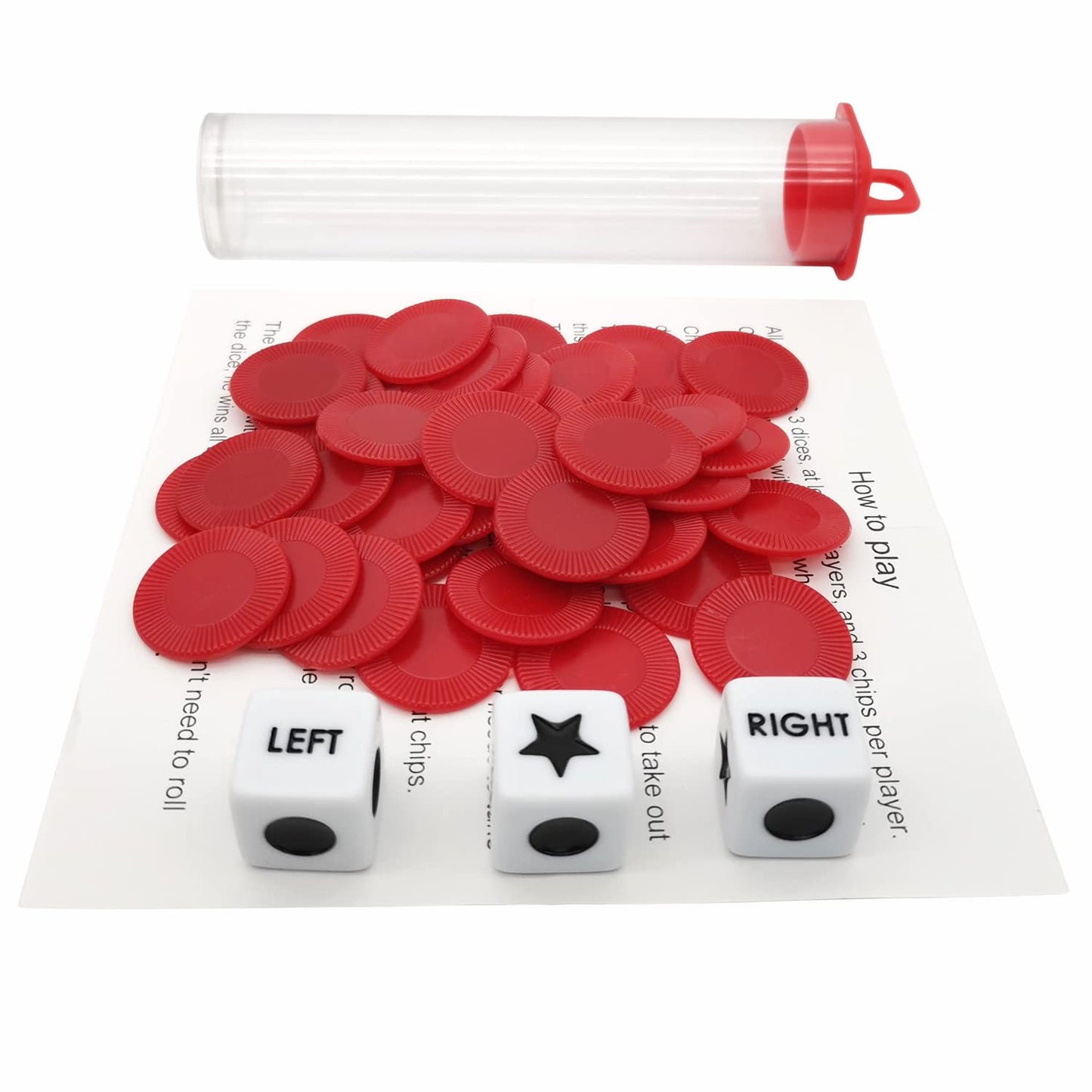 Ahoper Left Right Center Dice Game Prime Set Bundle With 3 Dices + 36 Chips. Round Tube Storage Is Very Convenient For Travel. Easy To Store, Carry Around. (Red)