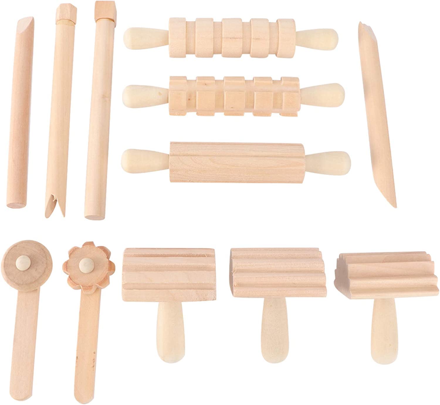 Kisangel 12pcs Wooden Dough Tools Clay Pattern Rolling Pin Set Dough Molding Shaping Tool for Toddler Kids Art Craft Activity Su
