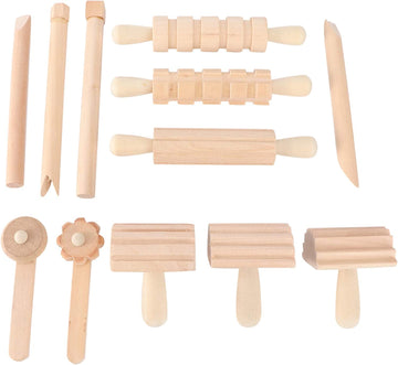 Kisangel 12pcs Wooden Dough Tools Clay Pattern Rolling Pin Set Dough Molding Shaping Tool for Toddler Kids Art Craft Activity Su