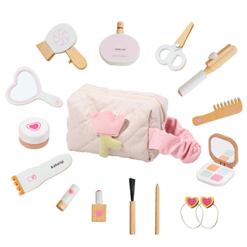 Wooden Makeup Toy Set for Toddlers, 16 Pieces Pretend Play Beauty Salon Kit with Styling Tools, Cosmetics and Storage Bag for Ki