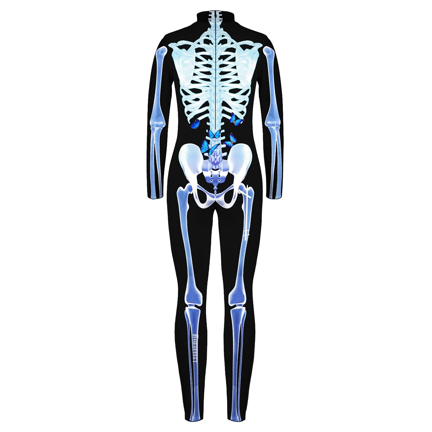 Remimi Halloween Skeleton Costume For Girl Boys Scary Cosplay 3D Print Zip Up Back Outfit Bodysuit Blue Butterfly L