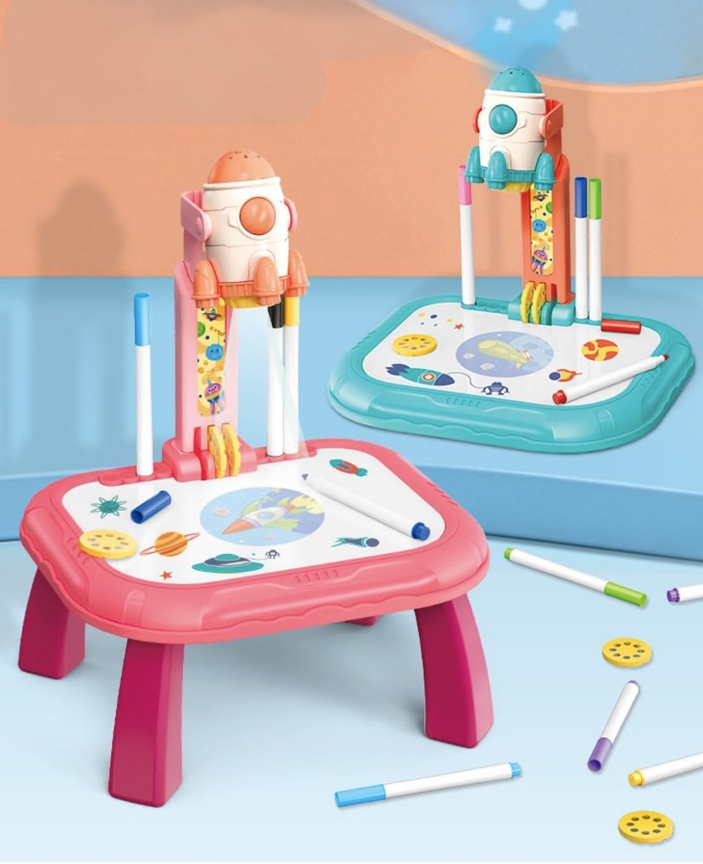 HAPPY CHAPPIE Kids Projector Drawing Table with 32 Patterns & 8 Watercolor Pens | Educational Art & Painting Board with Adjustab
