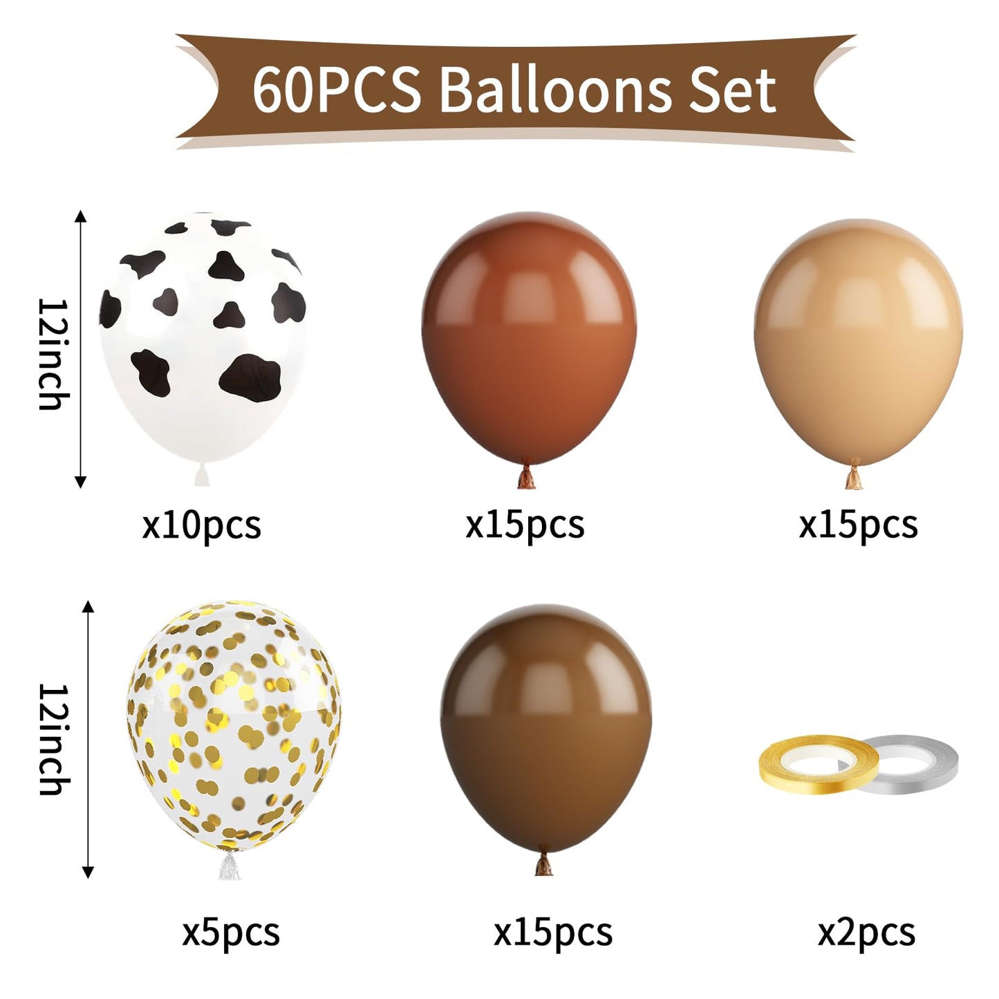 Paready Cow Balloons, 60 Pcs Brown And Cow Print Balloons 12 Inch Neutral Cow Print Party Balloons Brown Beige Latex Balloons Go