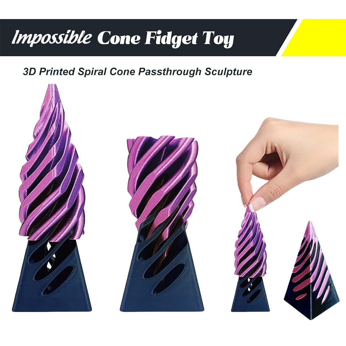 Impossible Cone (3PCS)  3D Printed Spiral Cone Fidget Toy  Impossible Pyramid Passthrough Sculpture  Mini Stress Relief Desktop Decorations Toy for Kids mature-themed Gift (Laser Purple Blue)