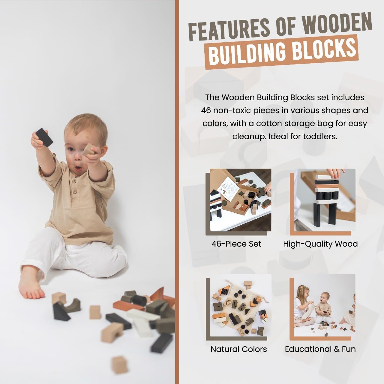 Wooden Building Blocks For Toddlers - Kids Stacking Blocks | 46 Pieces Wooden Blocks | Assorted Shapes Toddler Blocks | Toddler