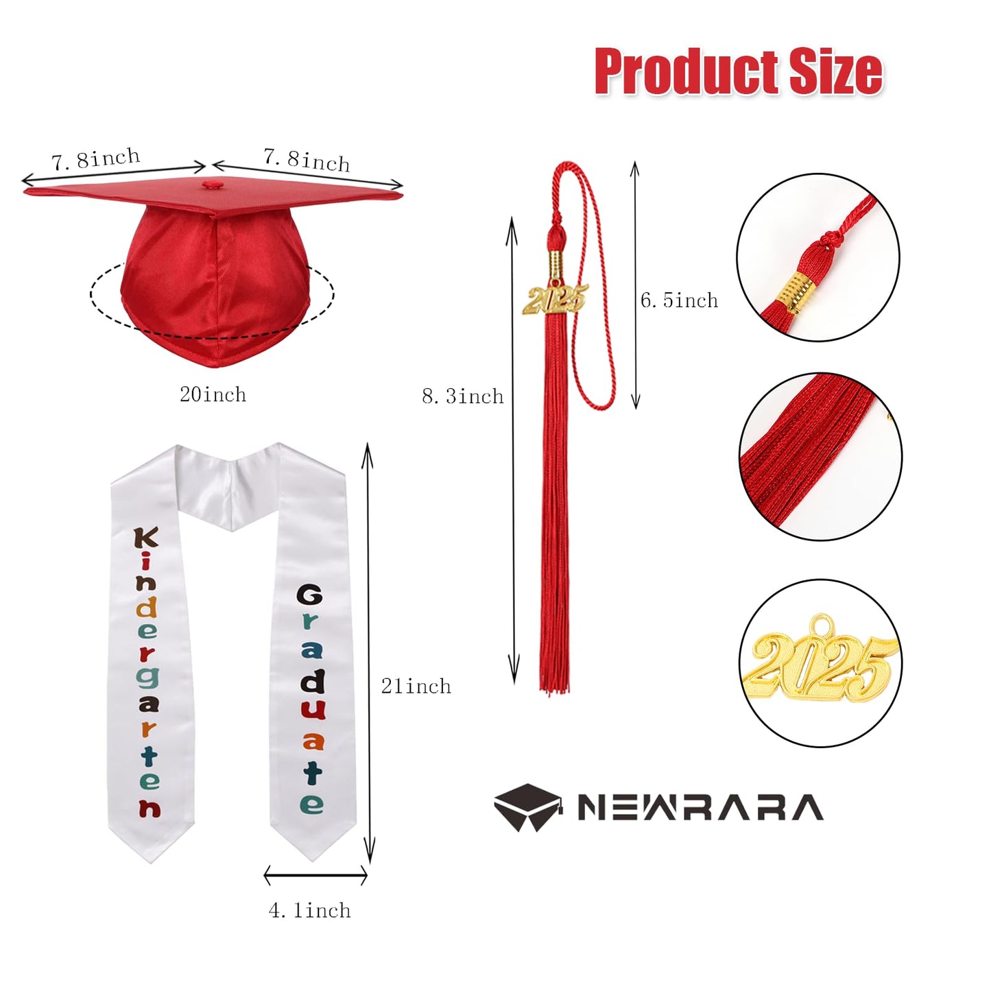 Newrara Kindergarten Graduation Cap and Gown Stole Package for Kids (Red, 33)