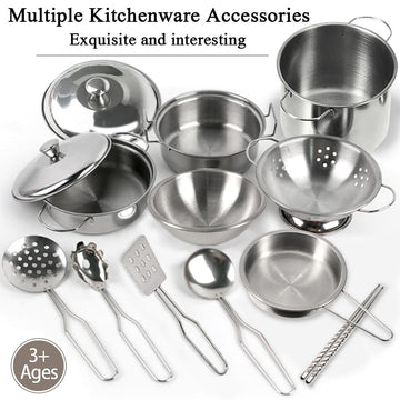 Mini Kids Stainless Steel Cookware Kitchen Cooking Toys Pretend Utensils with Cookware Play Pots and Pans Playset ,Cooking Utens