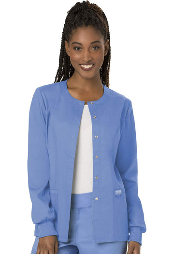 Snap Front Scrub Jackets For Women, Workwear Revolution Soft Stretch Ww310, L, Ciel Blue