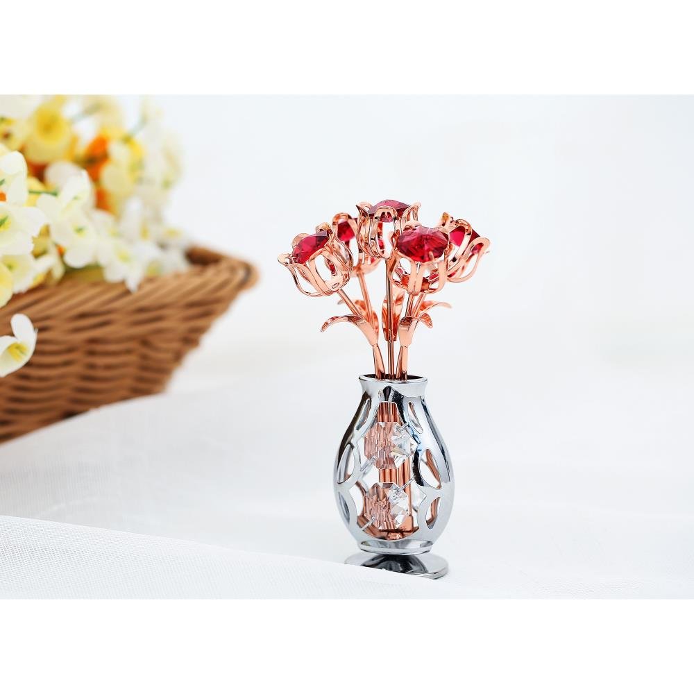 Matashi Gift For Her - Flowers Bouquet In Vase Ornament With Red Crystals, Gift Basket Ideas For Women - Rose Gold Plated Flower Gift For Women On Valentine'S Day