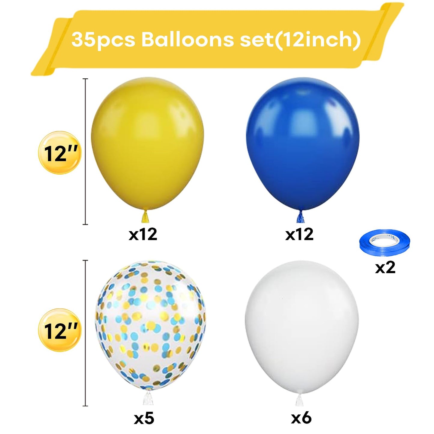 Yellow Blue Balloons, 12 Inches Blue Yellow White Balloons With Confetti Balloons Dark Blue Latex Balloon Helium For Kids Birthd