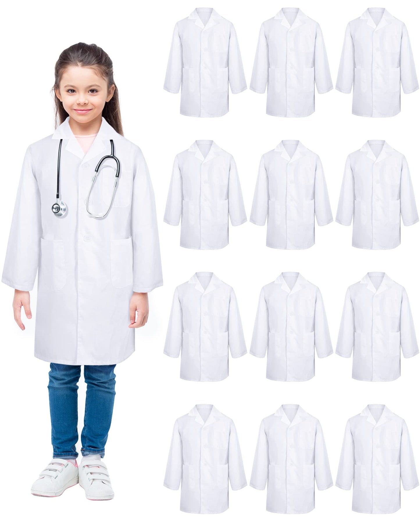 Seajan 12 Pcs Unisex Kids Lab Coat Bulk Soft Kids Scrubs White Doctor Coat Scientist Halloween Costume For Boys And Girls(S Size