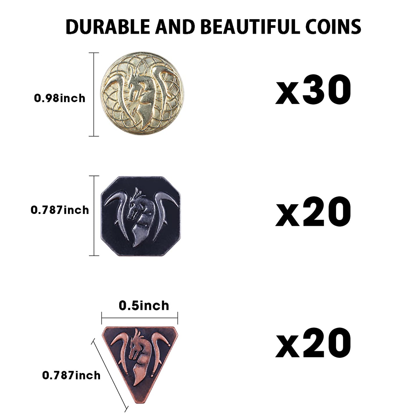 70Pcs Metal Dnd Coins & Pu Leather Bag, Contains 30 Gold, 20 Silver & 20 Copper Coins, Fantasy Board Game Tokens With Retro Leat