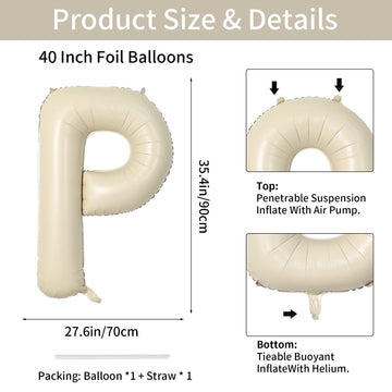 Biapian 40 Inch Letter P Balloons, Giant Cream P Foil Balloon, Big Single Alphabet A-Z Balloons, Beige Large Aluminum P Balloons