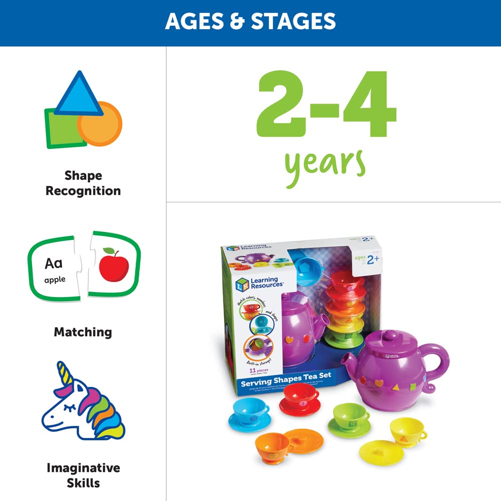 Learning Resources Serving Shapes Tea Set - 11 Pieces, Ages 2+ Pretend Play Toys For Toddlers, Preschool Learning Toys, Kitchen