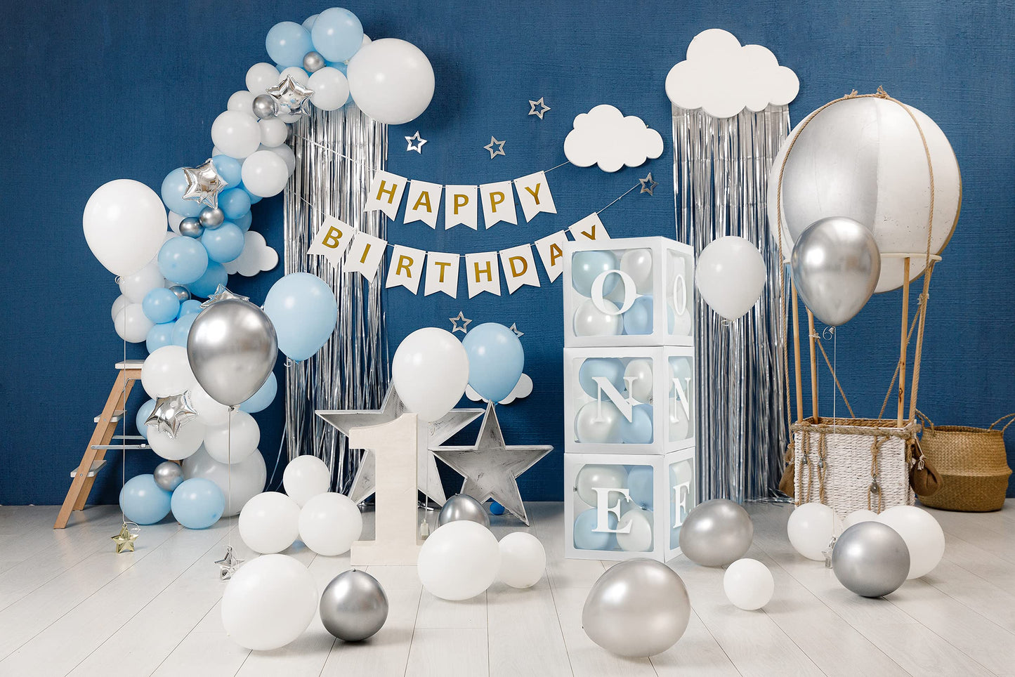 Baby Boy First Birthday Party Decorations 'One' Letters Individual Three White Transparent Square Boxes With 24 Balloons Decor F