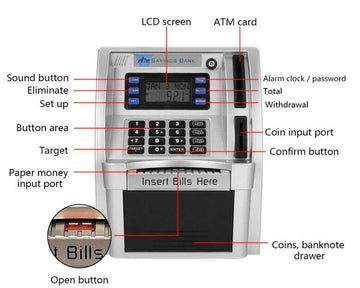 2023 Upgraded Atm Piggy Bank For Real Money Atm Savings Bank Machine For Kids Adults With Card Mini Atm Money Machine Coin Bill Feeder Educational Toy Christmas Birthday Gift(Silver/Black)