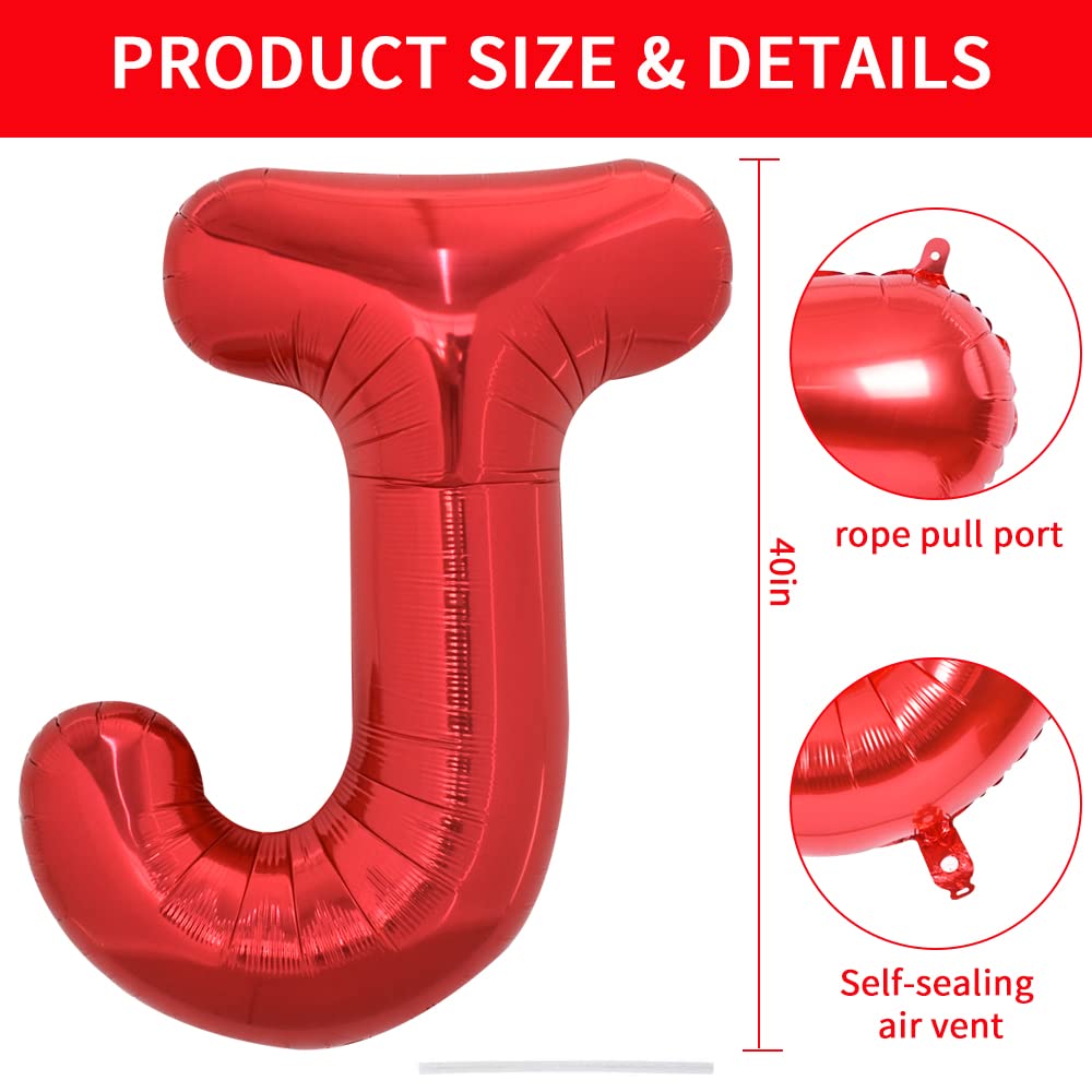 Toniful 40 Inch Large Bright Red Letter Balloons A-Z, Giant Jumbo Helium Foil Mylar Big Letter J Balloons For Birthday Party Ann