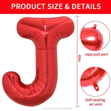 Toniful 40 Inch Large Bright Red Letter Balloons A-Z, Giant Jumbo Helium Foil Mylar Big Letter J Balloons For Birthday Party Ann